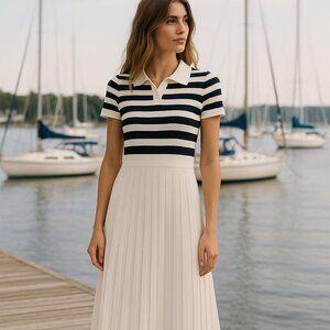 Zesica Dress SZM Striped Midi Casual V-Neck SS Ribbed Knit High Waist Pleated